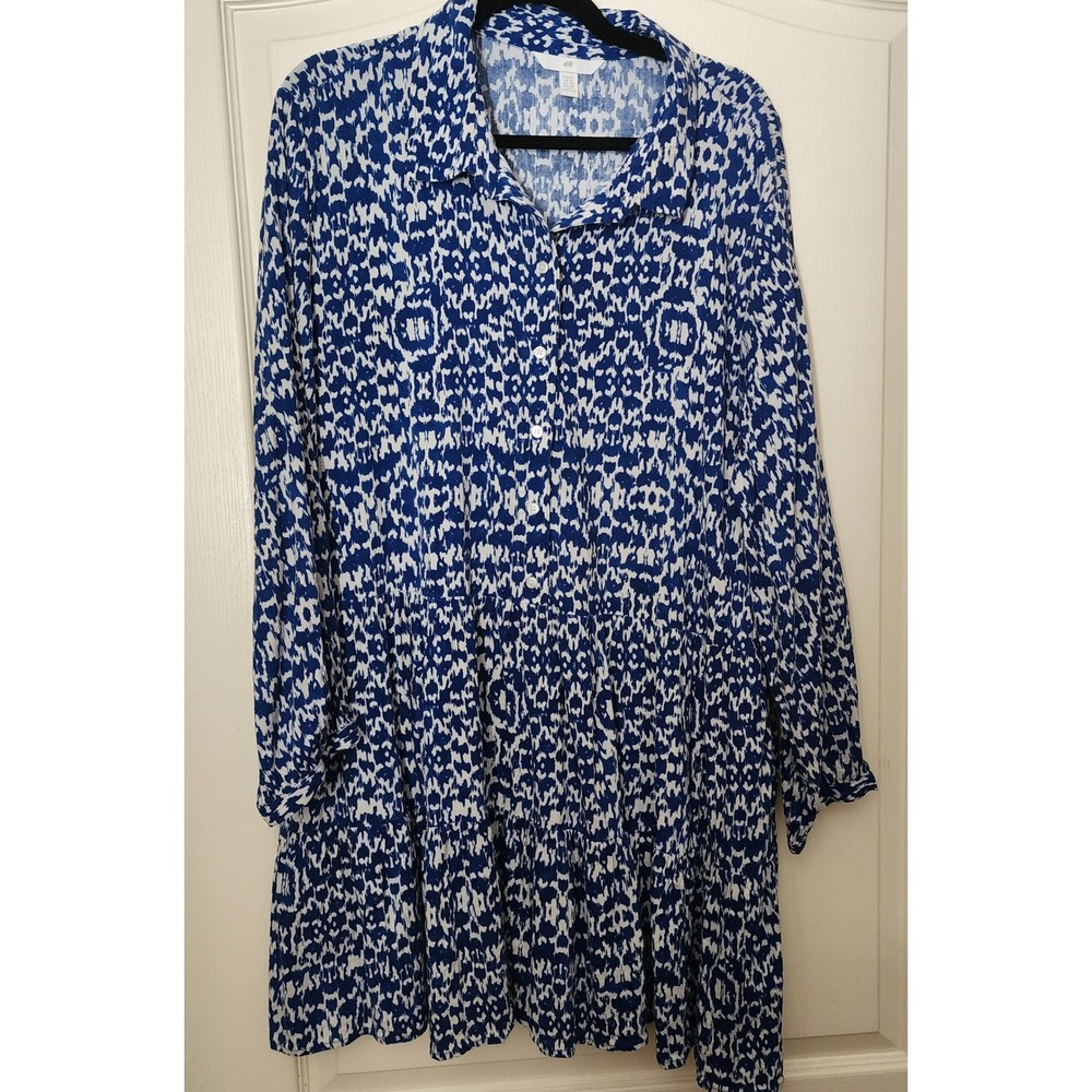 HM Blue White Abstract Ikat Print Tiered Button Down Mini Shirt Dress Size XL